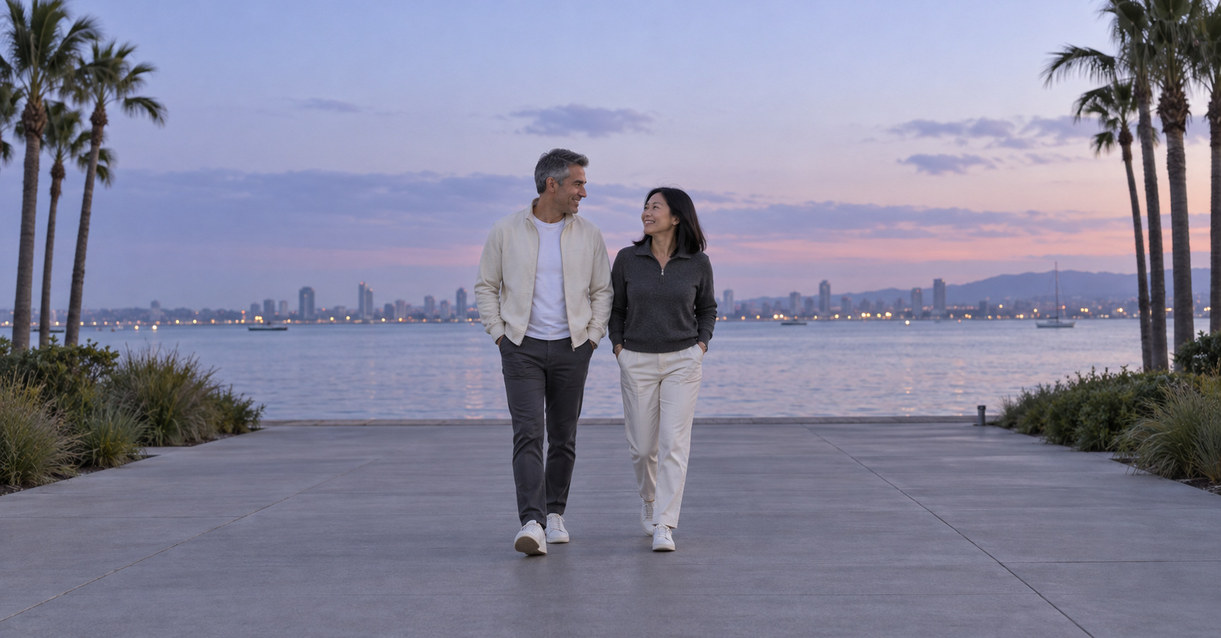 People walking together along a waterfront path at dusk.